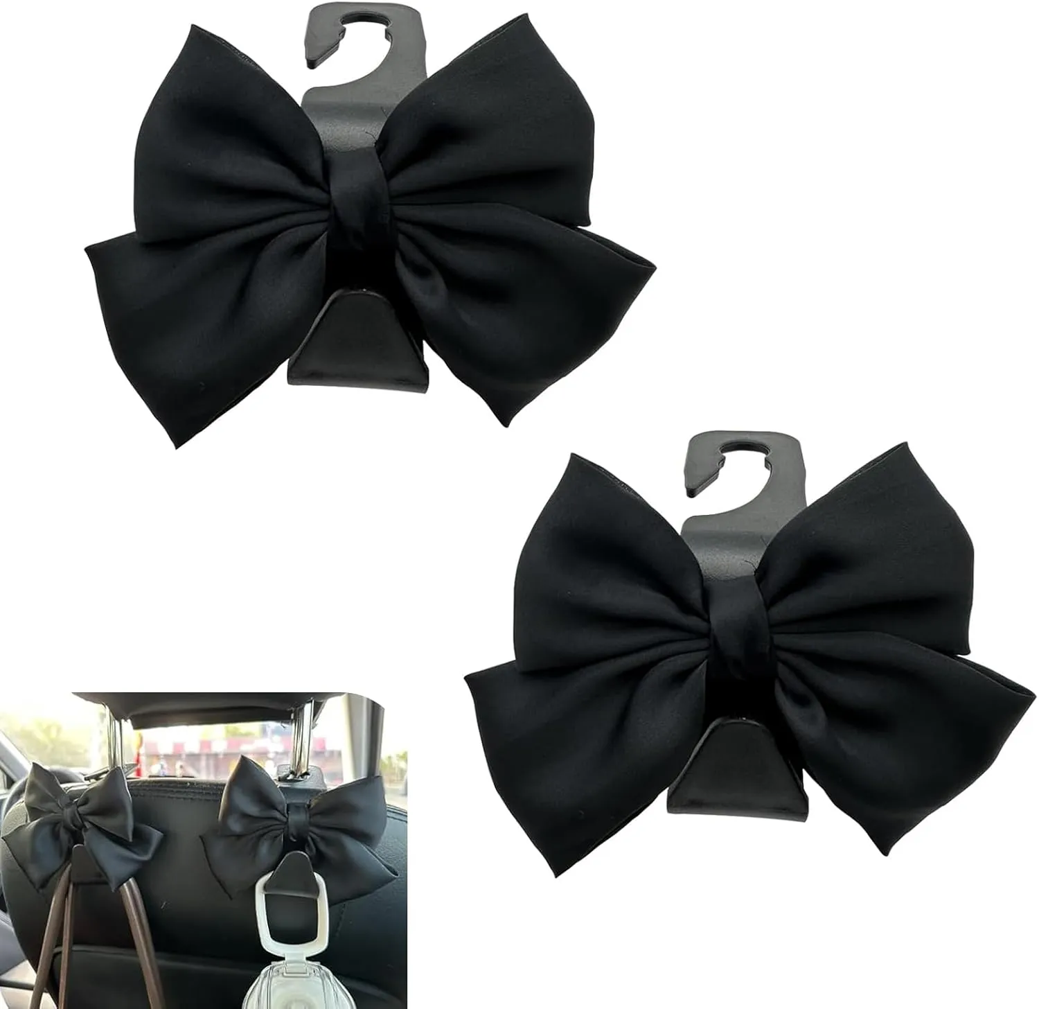 2 PCS Car Seat Headrest Hook, Cute Bow Decoration Multifunctional Storage Hook for Backpack Umbrella, PVC Strong Load-bearing Portable Parts, for Most Cars Seat Accessories (Black)