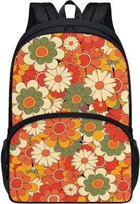 Abstract Hippie Flower Girls School Backpack Large Capacity Lightweight Colorful Bookbags Casual Shoulder Rucksack 17 Inch School Bags for Kids Teenage Students