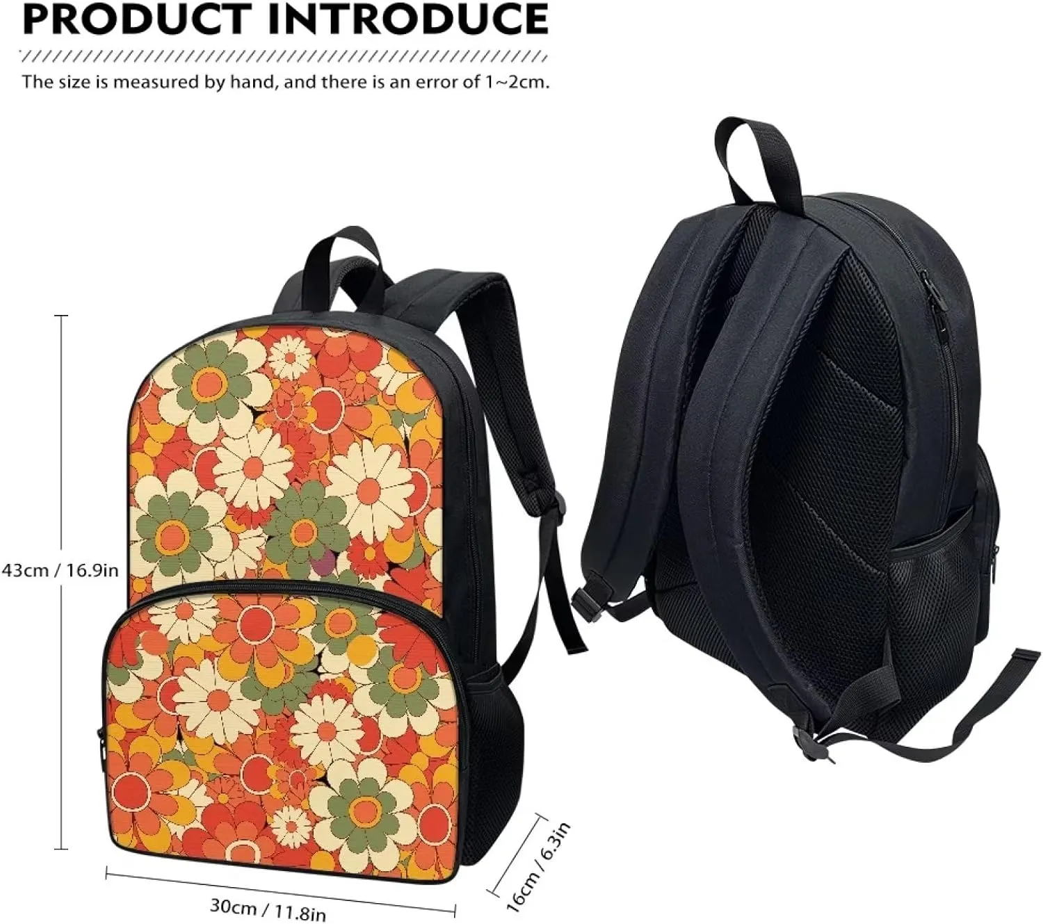 Abstract Hippie Flower Girls School Backpack Large Capacity Lightweight Colorful Bookbags Casual Shoulder Rucksack 17 Inch School Bags for Kids Teenage Students