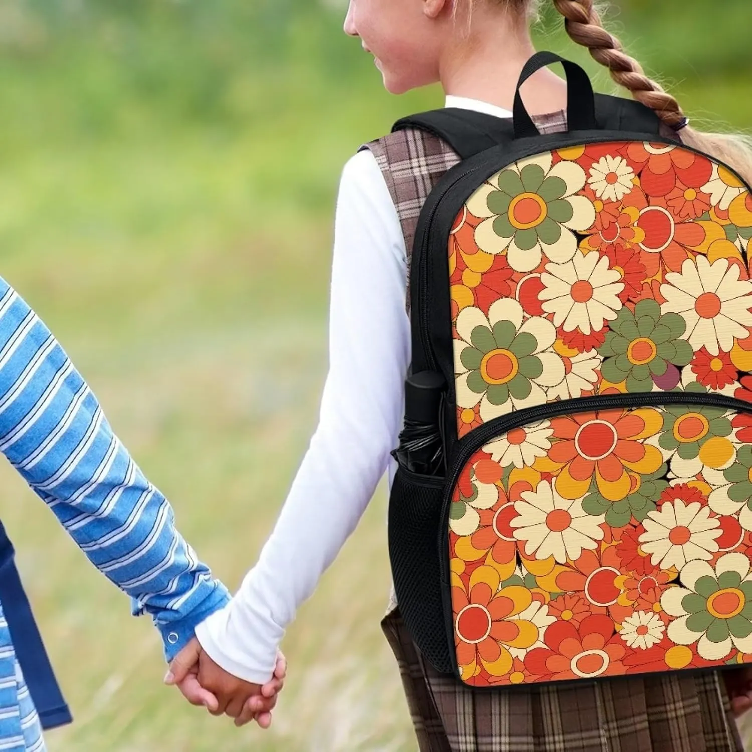 Abstract Hippie Flower Girls School Backpack Large Capacity Lightweight Colorful Bookbags Casual Shoulder Rucksack 17 Inch School Bags for Kids Teenage Students