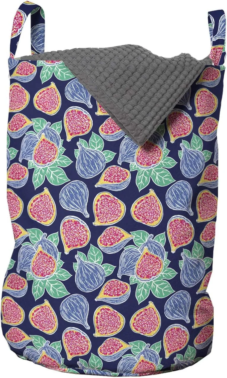 Ambesonne Fruit Laundry Bag, Repetitive Style Pattern of Ripe Figs and Leaves in Colorful Design Print, Hamper Basket with Handles Drawstring Closure for Laundromats, 13" x 19", Dark Blue Multicolor