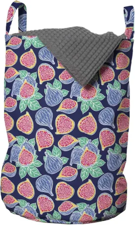 Ambesonne Fruit Laundry Bag, Repetitive Style Pattern of Ripe Figs and Leaves in Colorful Design Print, Hamper Basket with Handles Drawstring Closure for Laundromats, 13" x 19", Dark Blue Multicolor