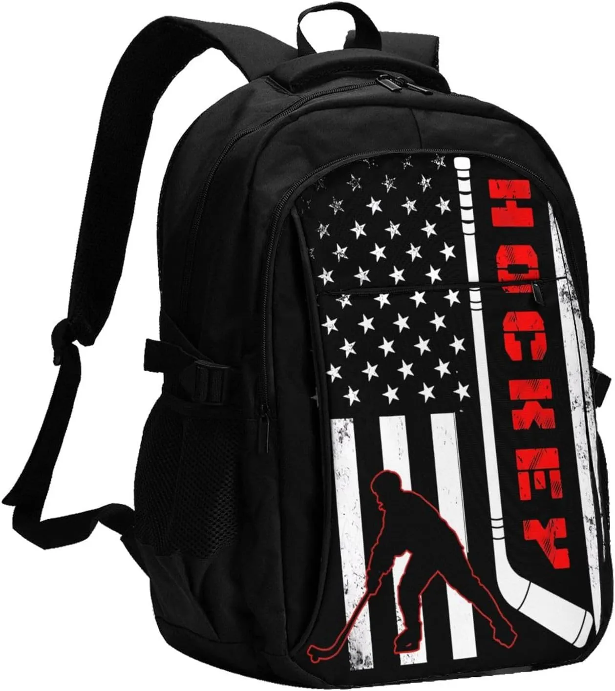 American Hockey Flag Travel Backpack Laptop Backpacks Business Rucksack Outdoor Daypack Large Sport Bag with Luggage Strap USB Charging Port for Hiking Working