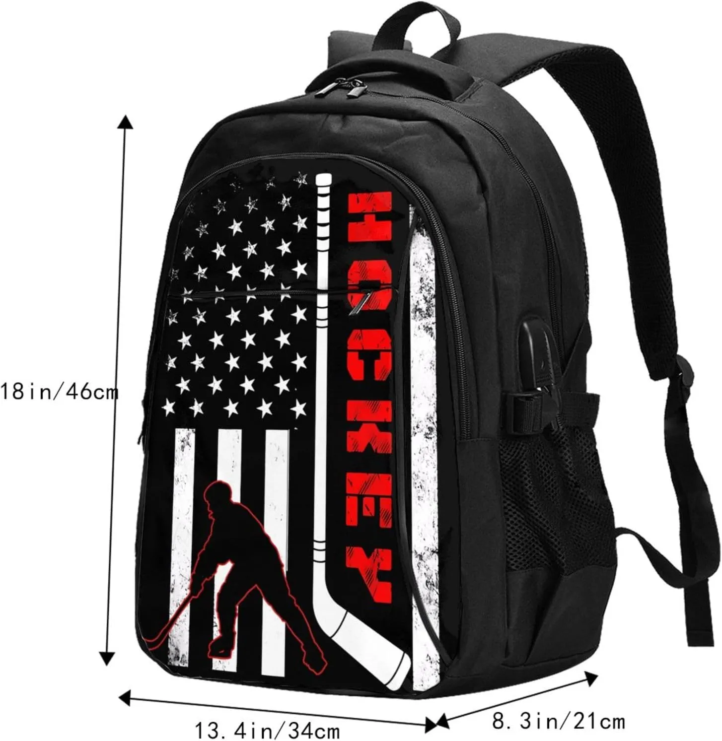 American Hockey Flag Travel Backpack Laptop Backpacks Business Rucksack Outdoor Daypack Large Sport Bag with Luggage Strap USB Charging Port for Hiking Working