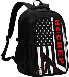 American Hockey Flag Travel Backpack Laptop Backpacks Business Rucksack Outdoor Daypack Large Sport Bag with Luggage Strap USB Charging Port for Hiking Working