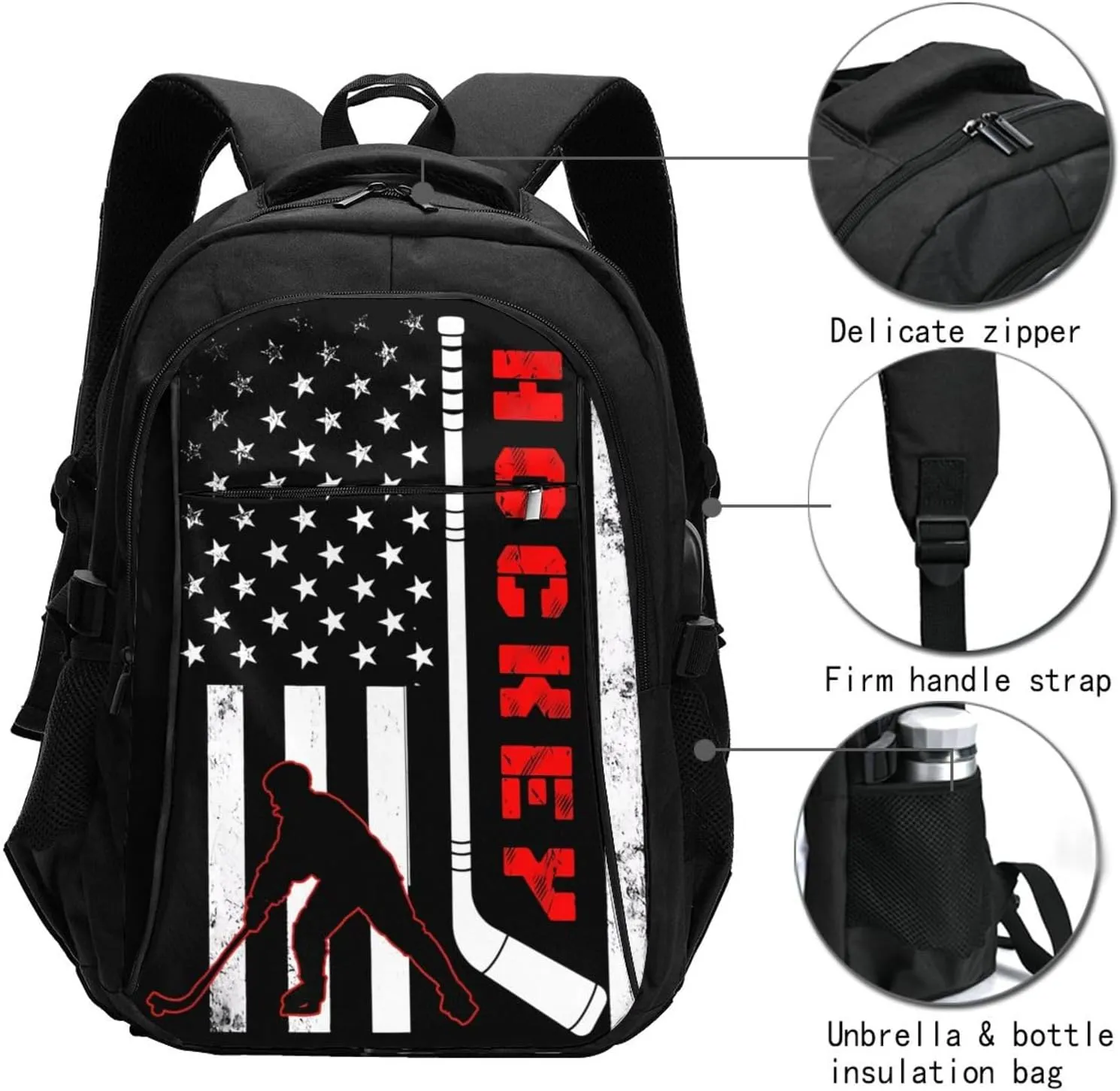 American Hockey Flag Travel Backpack Laptop Backpacks Business Rucksack Outdoor Daypack Large Sport Bag with Luggage Strap USB Charging Port for Hiking Working
