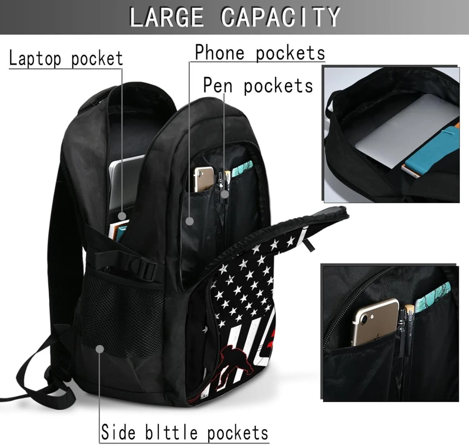 American Hockey Flag Travel Backpack Laptop Backpacks Business Rucksack Outdoor Daypack Large Sport Bag with Luggage Strap USB Charging Port for Hiking Working