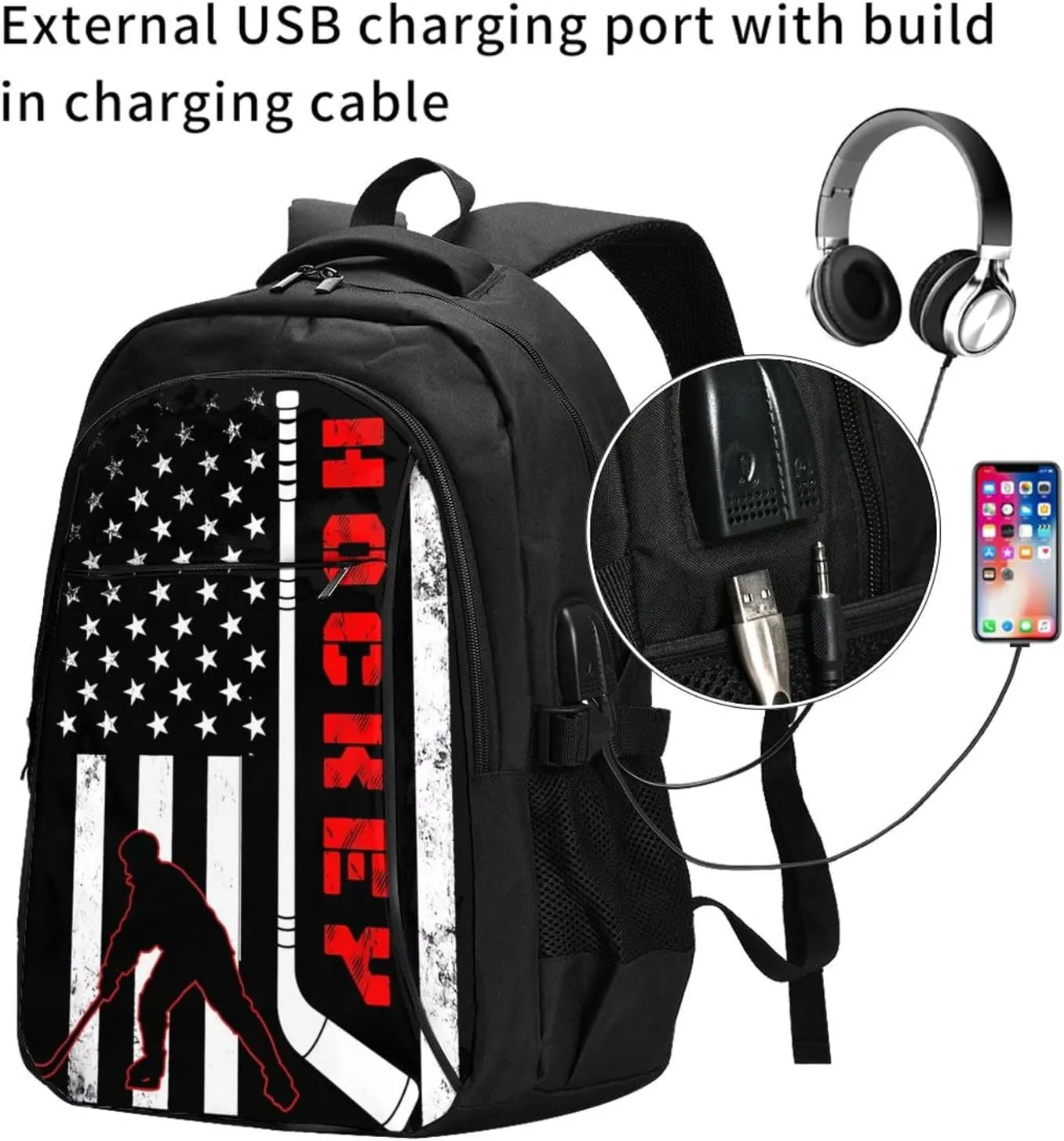 American Hockey Flag Travel Backpack Laptop Backpacks Business Rucksack Outdoor Daypack Large Sport Bag with Luggage Strap USB Charging Port for Hiking Working