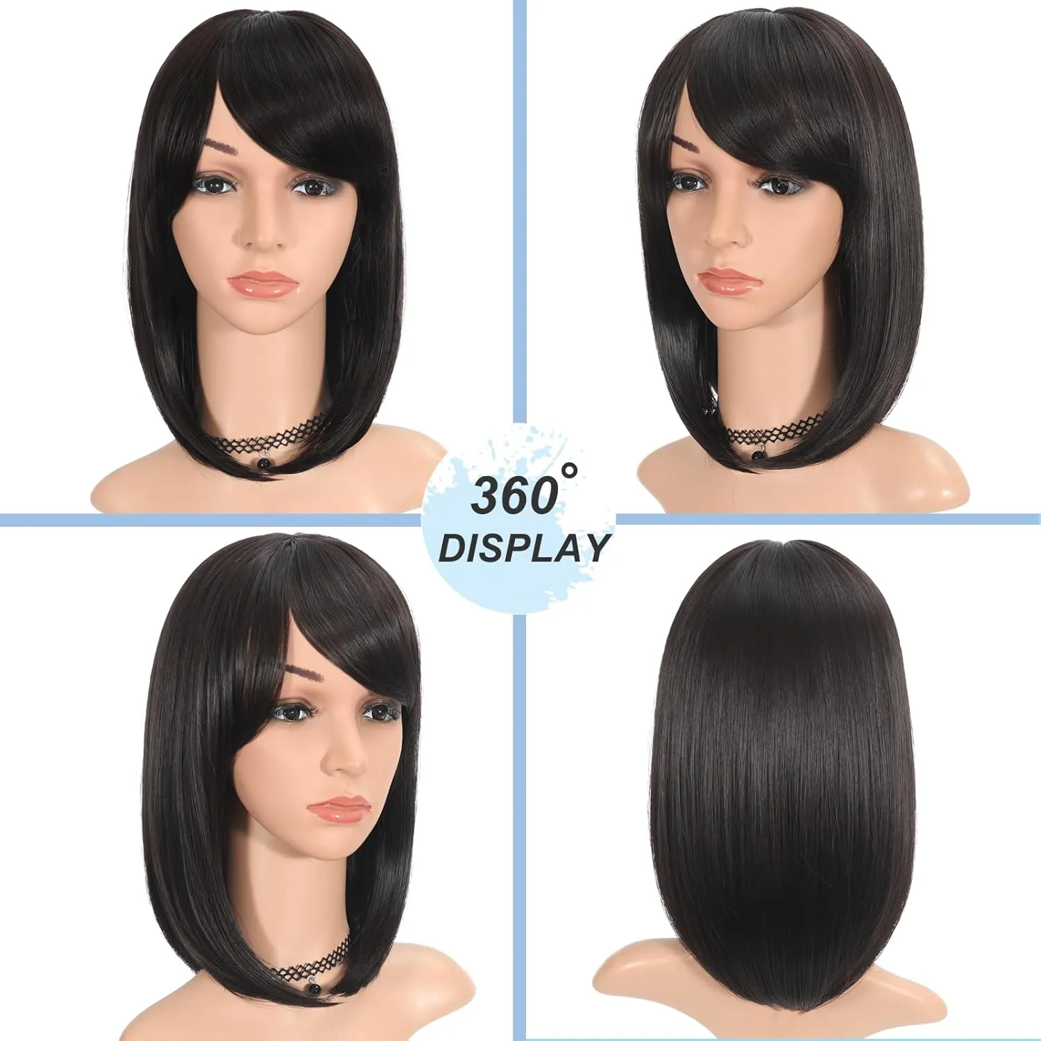 Black Bob Wig with Bangs for Women 12 Inch Short Straight Natural Black Wigs Synthetic Wigs