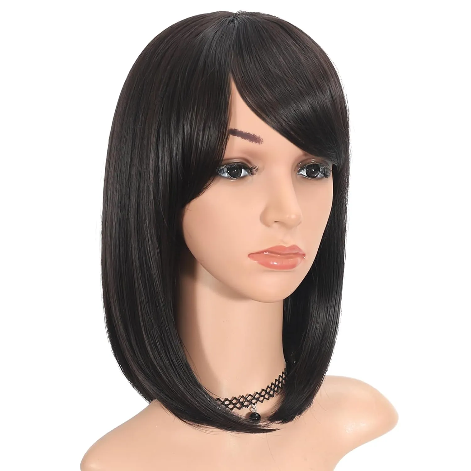 Black Bob Wig with Bangs for Women 12 Inch Short Straight Natural Black Wigs Synthetic Wigs