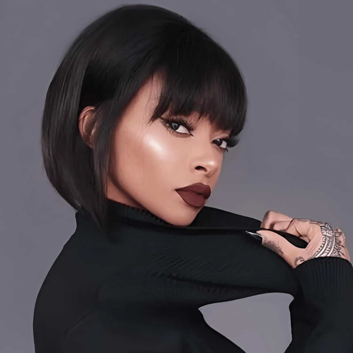 Black Bob Wig with Bangs for Women 12 Inch Short Straight Natural Black Wigs Synthetic Wigs