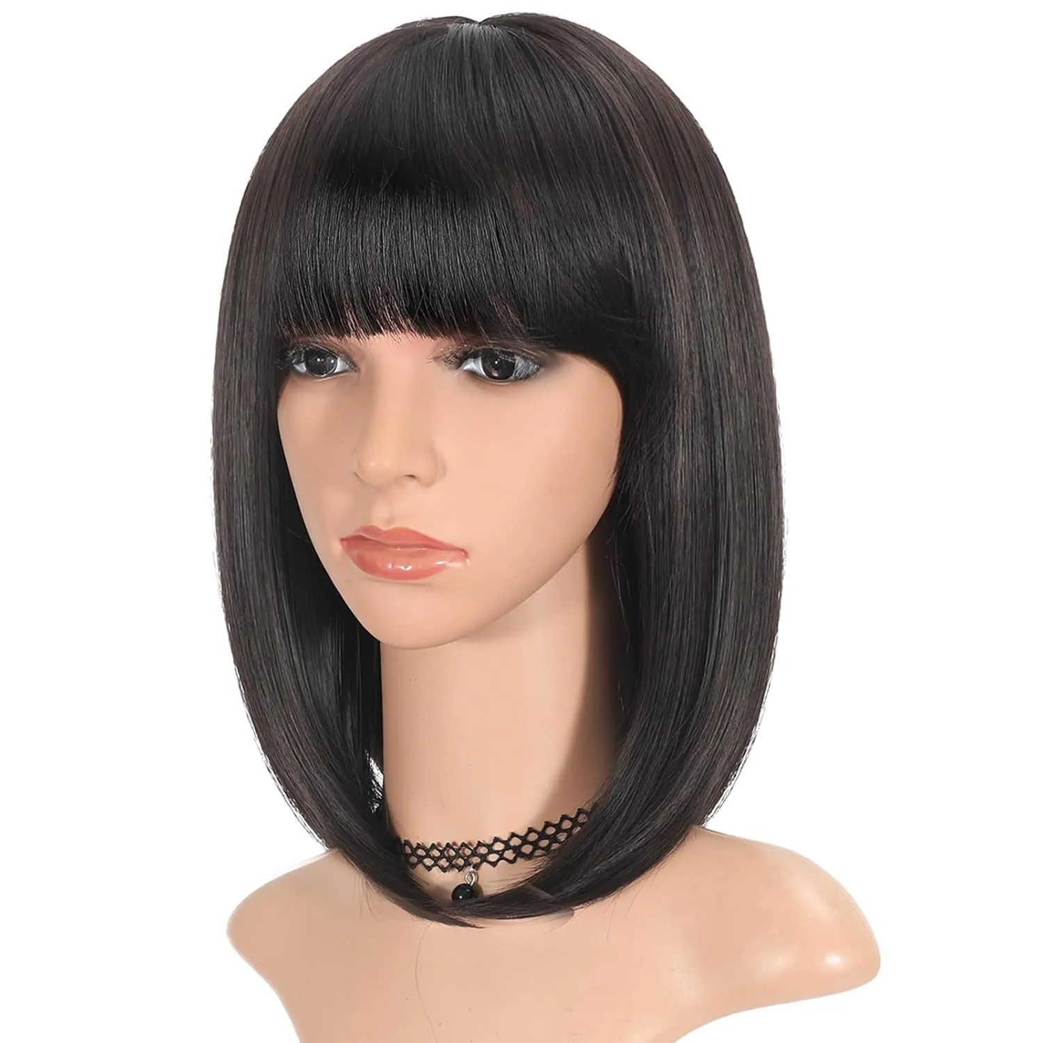 Black Bob Wig with Bangs for Women 12 Inch Short Straight Natural Black Wigs Synthetic Wigs