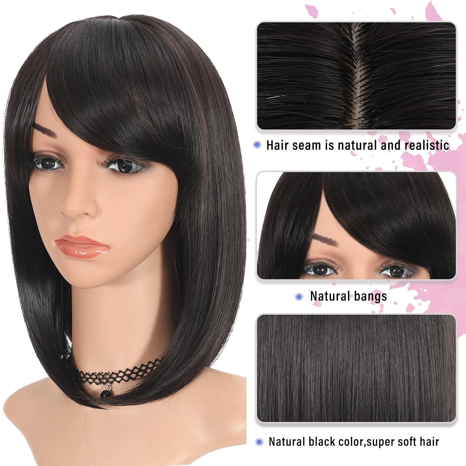 Black Bob Wig with Bangs for Women 12 Inch Short Straight Natural Black Wigs Synthetic Wigs
