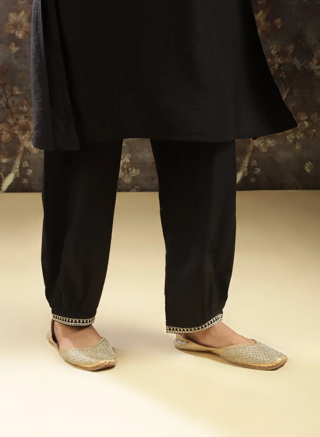 Black Embroidered Kurta Set with Tassels