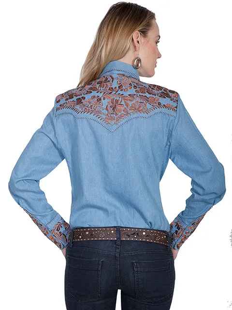 Blue Floral Embroidered Yoke Western Blouse for Women Scully Bourbon Cowgirl