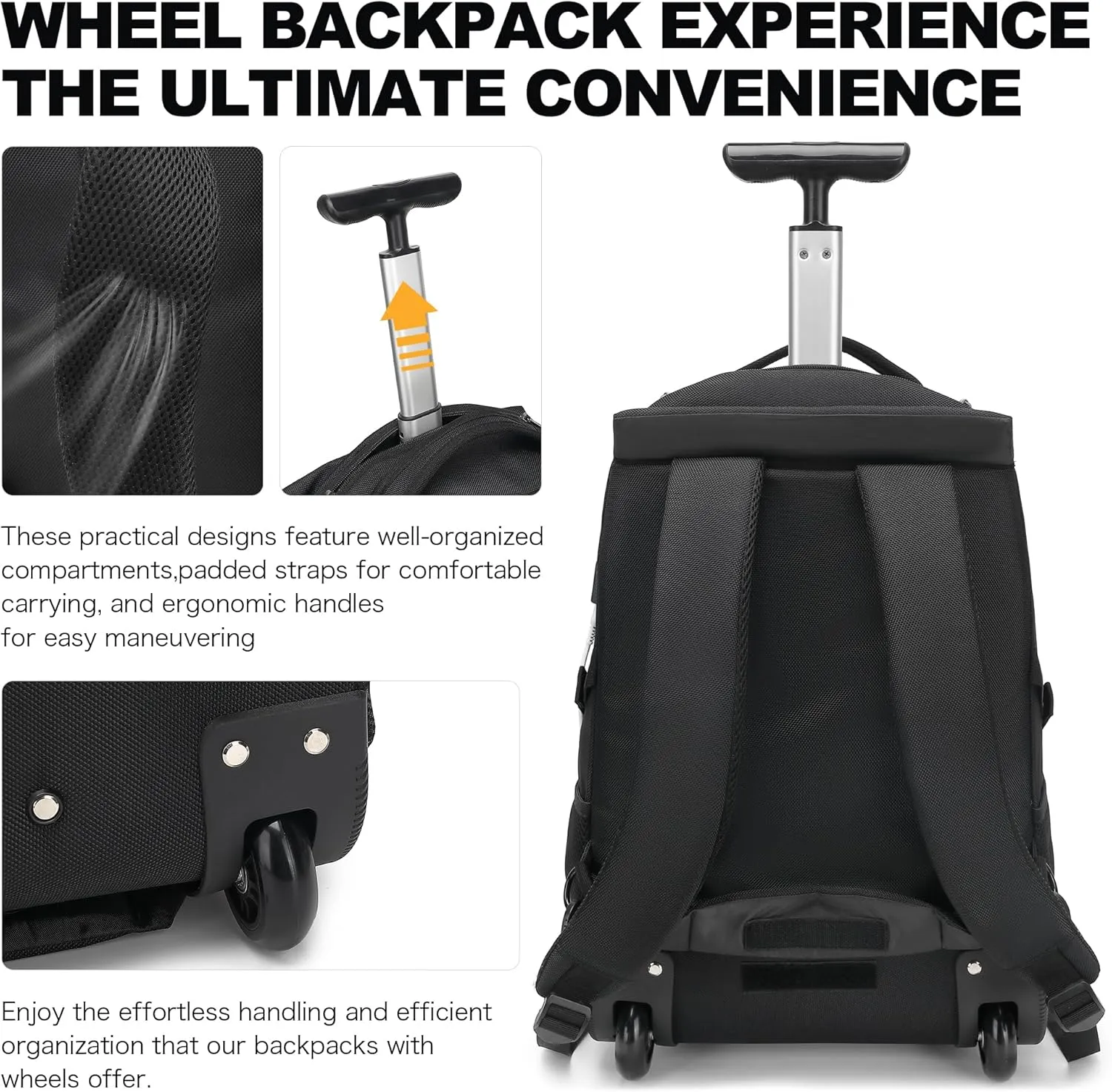 Boavan Rolling Backpack,17 inch Water Resistant Wheeled Backpack,Carry on Luggage Business Bag, Overnight College Computer Trolley Suitcase for Men Women Adults to TravelBlack
