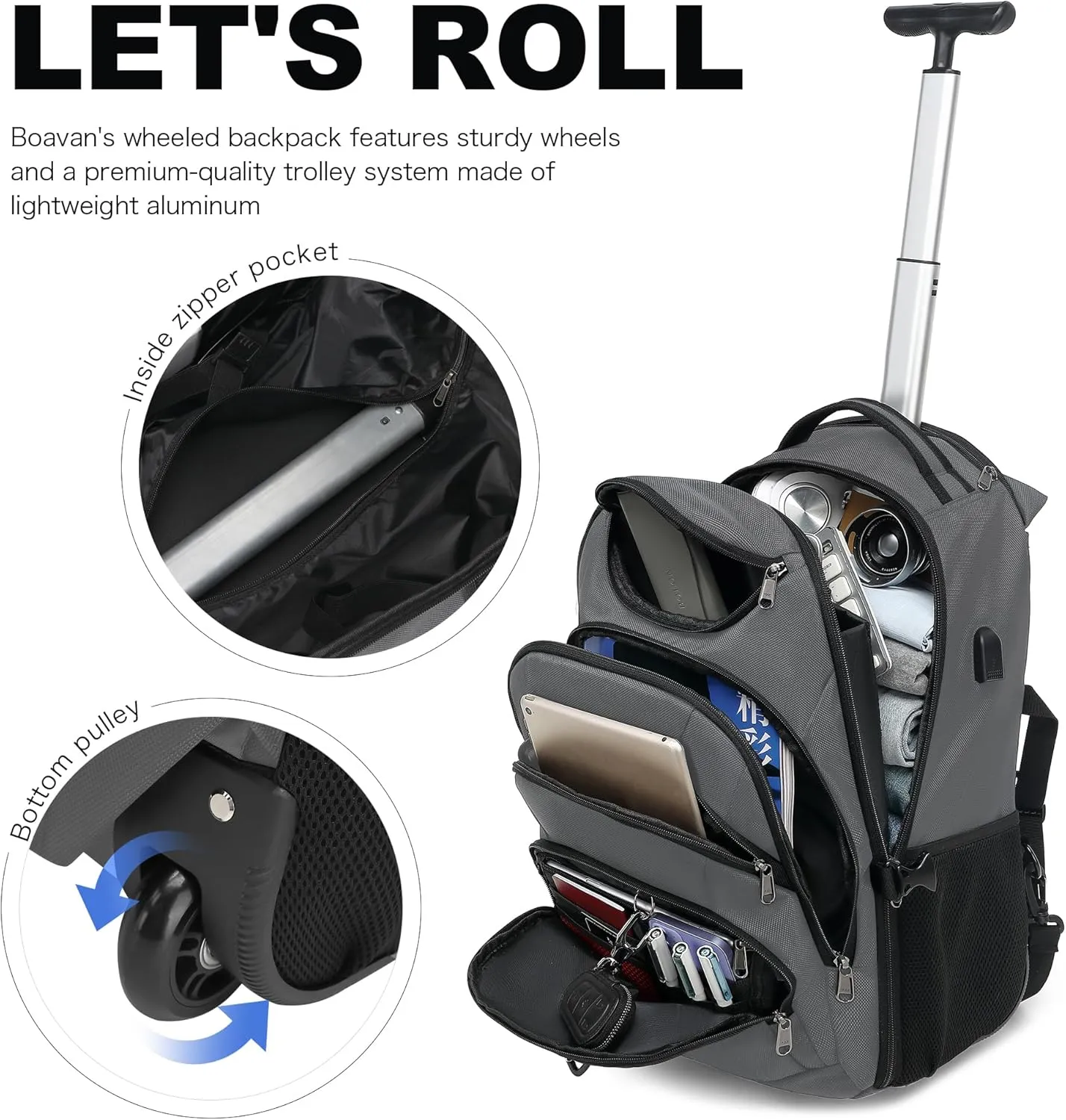 Boavan Rolling Backpack,Wheeled Backpack,Carry on Luggage Business Bag, Overnight College Computer Backpack Trolley Suitcase for Men Women Adults to TravelGray, 17.3