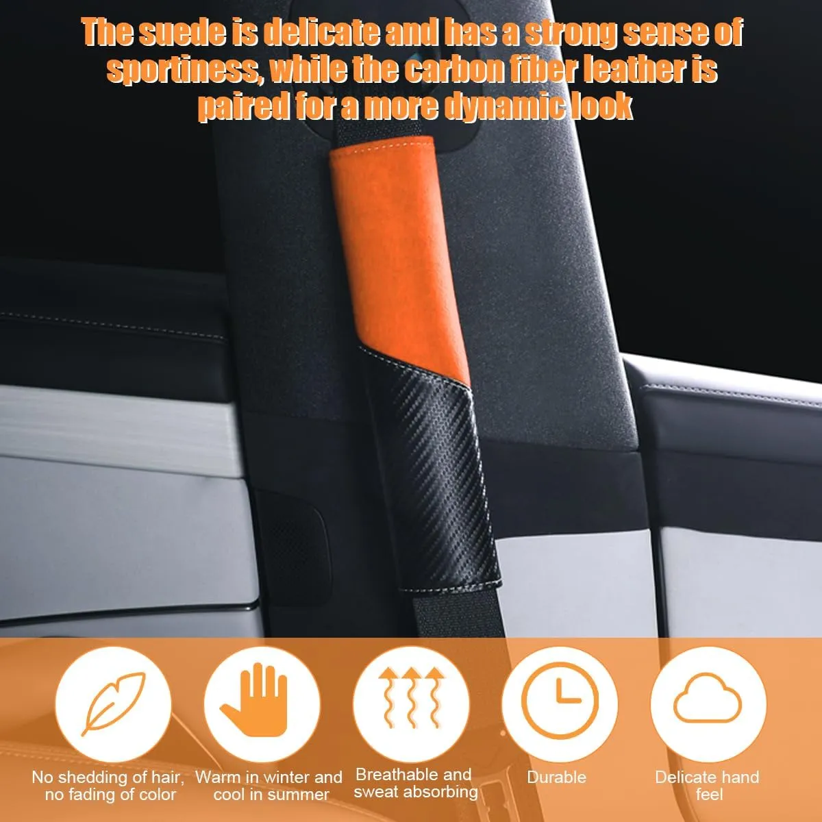 Car Seat Belt Cover, 2PCS Carbon Fiber & Suede Leather Soft Vehicle Seatbelt Strap Shoulder Pad, Breathable Auto Neck Cushion Protection Accessories, Universal Fit (Black/Orange)