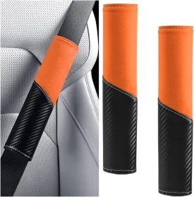 Car Seat Belt Cover, 2PCS Carbon Fiber & Suede Leather Soft Vehicle Seatbelt Strap Shoulder Pad, Breathable Auto Neck Cushion Protection Accessories, Universal Fit (Black/Orange)