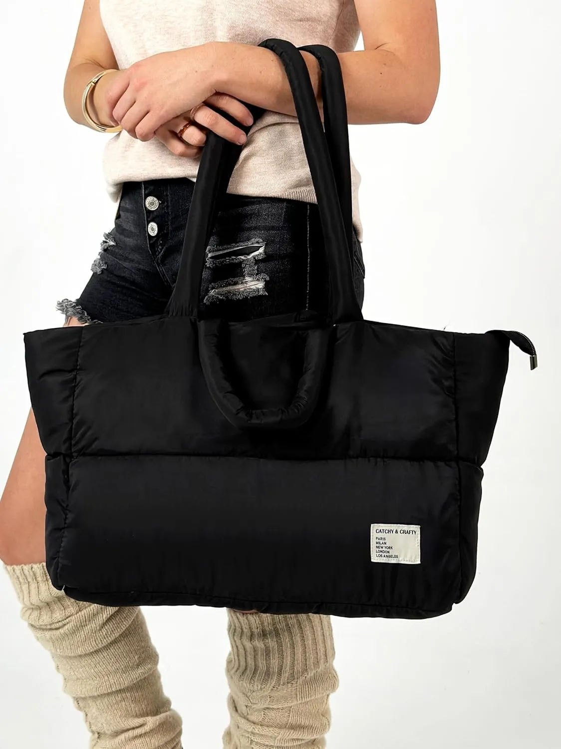 CATCHY & CRAFTY Puffer Tote Bag for Women Quilted Handbag Gym Bag for Workout Yoga Travel Padded Shoulder Bag