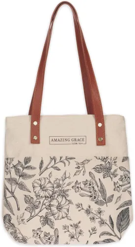 Christian Art Gifts Canvas Floral Tote Bag for Women: Amazing Grace Inspirational Scripture for Shopping, Supplies, Books, Accessories, Vegan Leather, Pocket, Zippered Closure, Creamy Tan & Brown