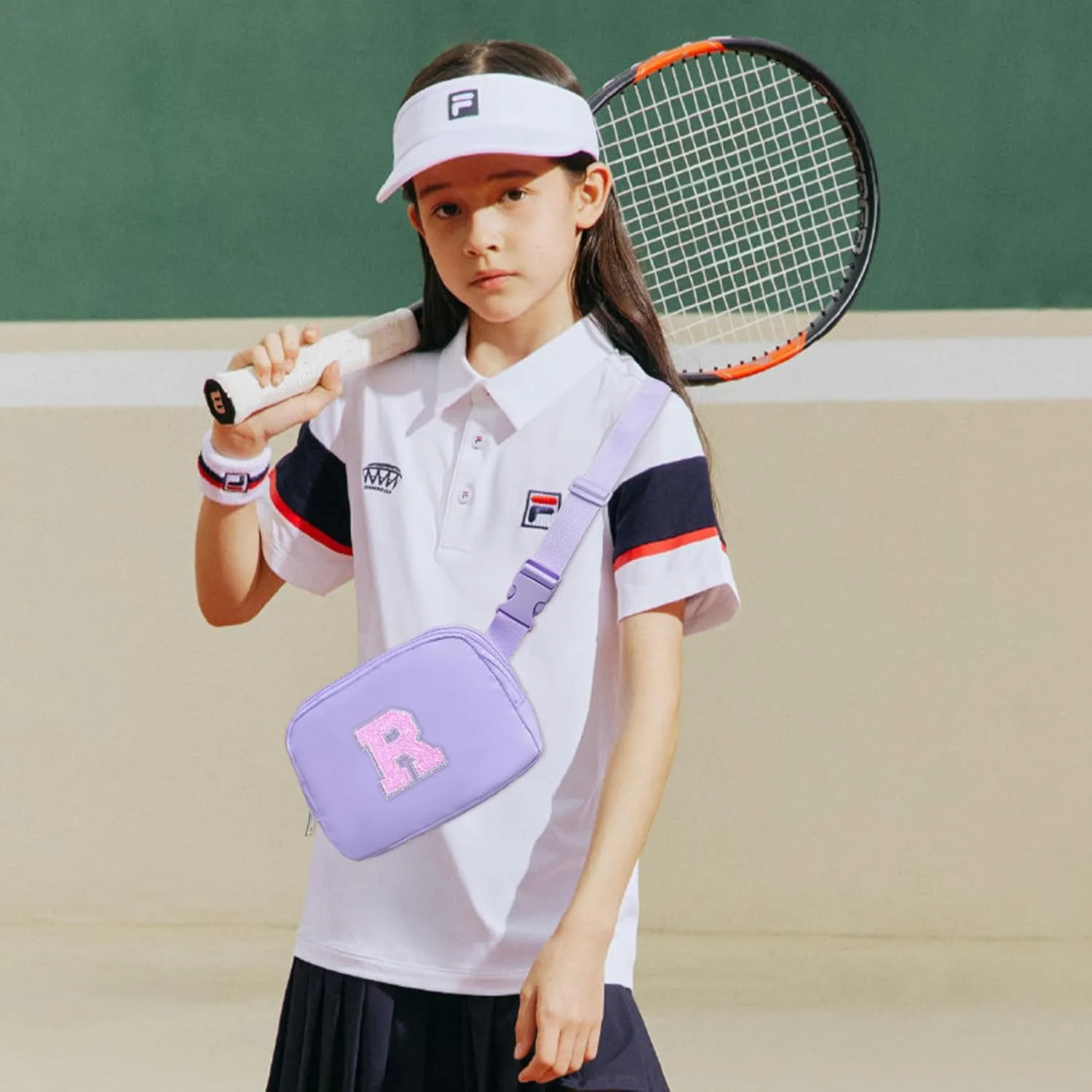 COSHAYSOO Letter Belt Bag Crossbody Initial Fanny Waist Pack Small Cross Body Purse for Teen Girls Dance Sing Cheer Swim Sports Team Match Day Personalized Gift Special Christmas Presents Purple R