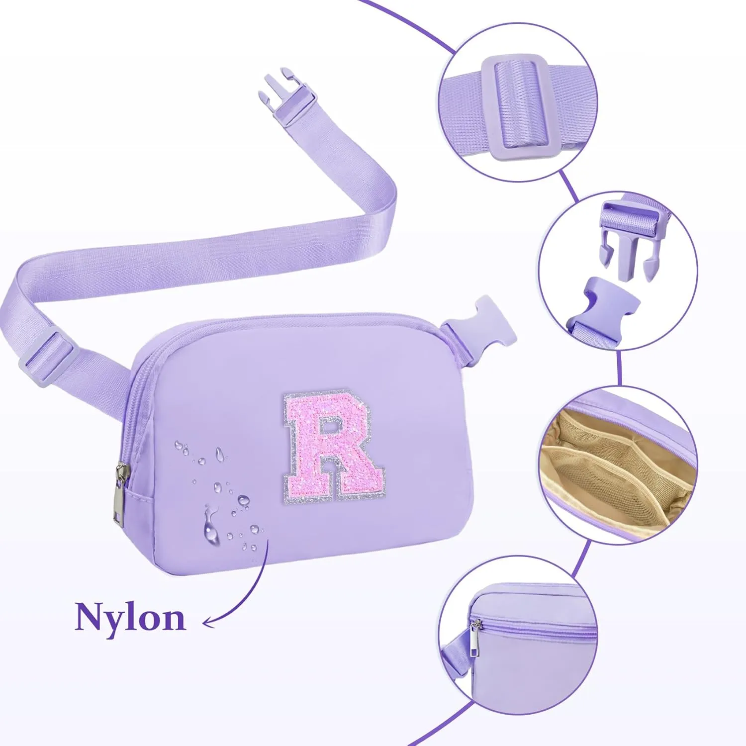 COSHAYSOO Letter Belt Bag Crossbody Initial Fanny Waist Pack Small Cross Body Purse for Teen Girls Dance Sing Cheer Swim Sports Team Match Day Personalized Gift Special Christmas Presents Purple R
