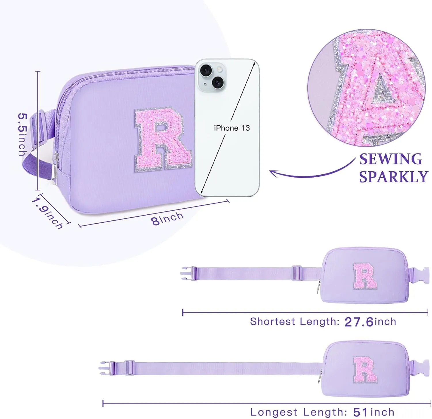 COSHAYSOO Letter Belt Bag Crossbody Initial Fanny Waist Pack Small Cross Body Purse for Teen Girls Dance Sing Cheer Swim Sports Team Match Day Personalized Gift Special Christmas Presents Purple R