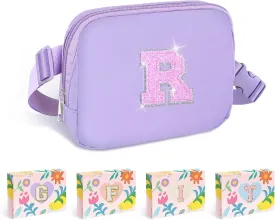 COSHAYSOO Letter Belt Bag Crossbody Initial Fanny Waist Pack Small Cross Body Purse for Teen Girls Dance Sing Cheer Swim Sports Team Match Day Personalized Gift Special Christmas Presents Purple R
