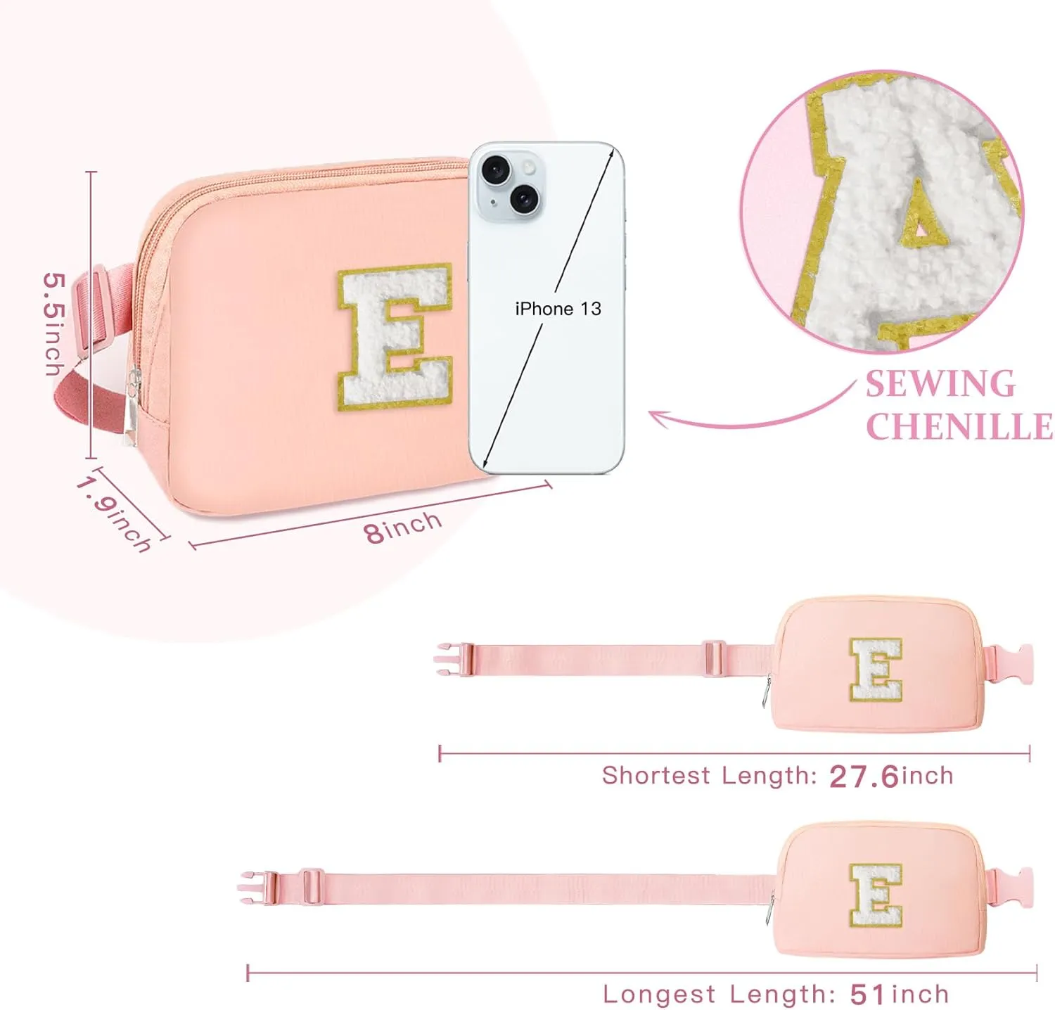 COSHAYSOO Pink Small Waist Fanny Pack Belt Bag with Initial Varsity Letter Crossbody Adjustable Strap for Granddaughter Daughter, Valentines Easter Gifts, Cross Body Travel Purse Vacation Pouch (E)