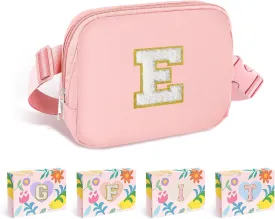 COSHAYSOO Pink Small Waist Fanny Pack Belt Bag with Initial Varsity Letter Crossbody Adjustable Strap for Granddaughter Daughter, Valentines Easter Gifts, Cross Body Travel Purse Vacation Pouch (E)