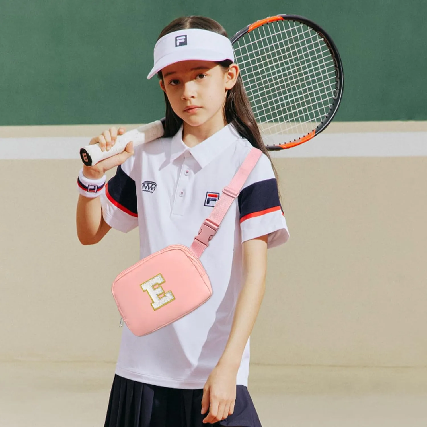 COSHAYSOO Pink Small Waist Fanny Pack Belt Bag with Initial Varsity Letter Crossbody Adjustable Strap for Granddaughter Daughter, Valentines Easter Gifts, Cross Body Travel Purse Vacation Pouch (E)