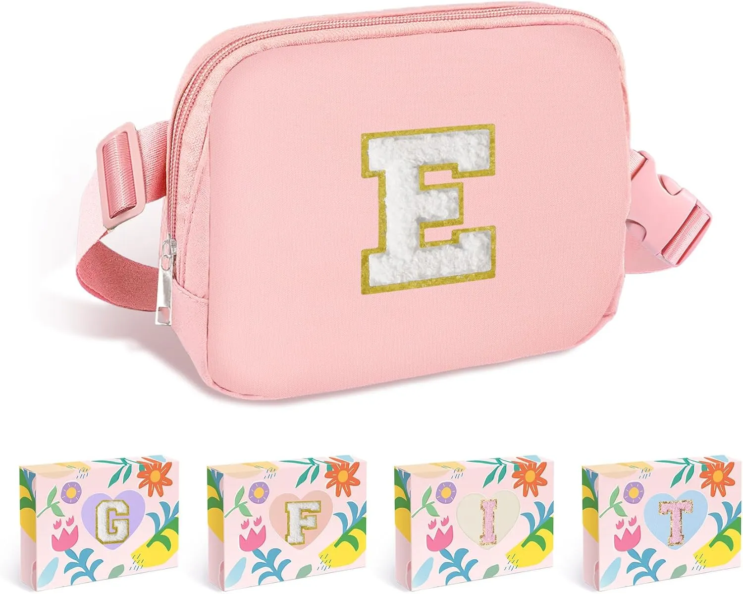 COSHAYSOO Pink Small Waist Fanny Pack Belt Bag with Initial Varsity Letter Crossbody Adjustable Strap for Granddaughter Daughter, Valentines Easter Gifts, Cross Body Travel Purse Vacation Pouch (E)