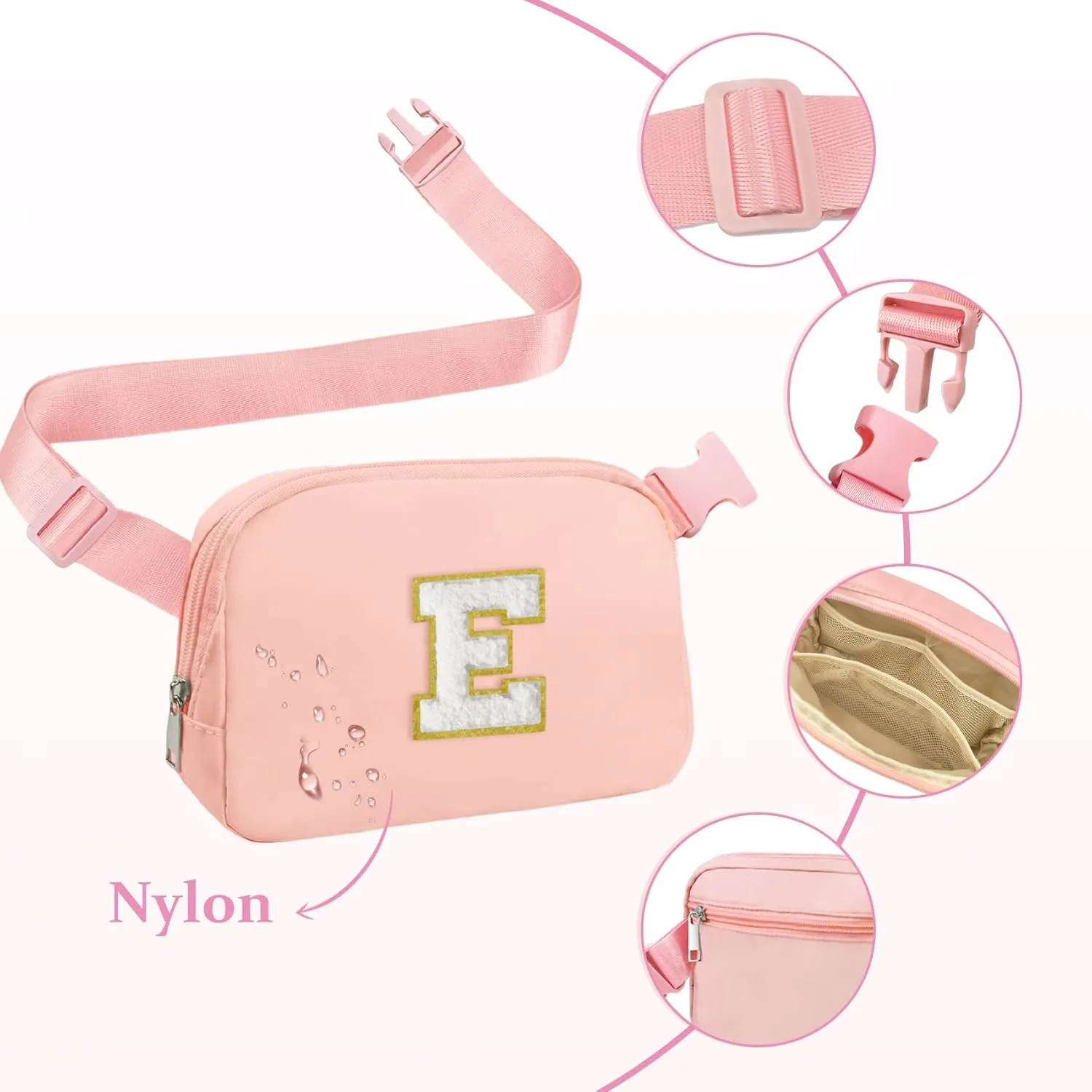 COSHAYSOO Pink Small Waist Fanny Pack Belt Bag with Initial Varsity Letter Crossbody Adjustable Strap for Granddaughter Daughter, Valentines Easter Gifts, Cross Body Travel Purse Vacation Pouch (E)