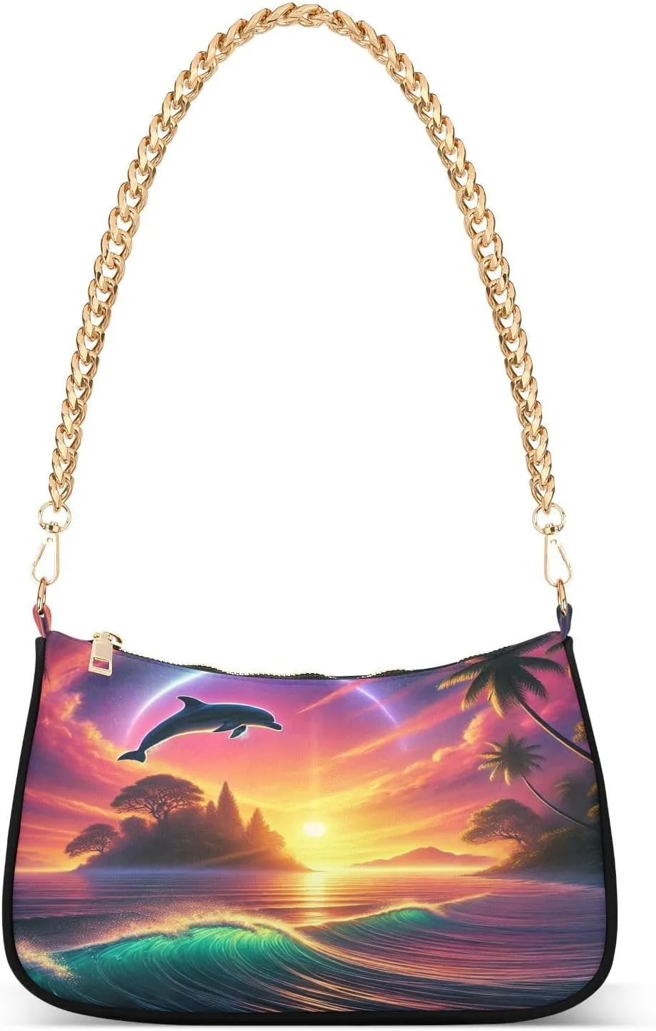 Dolphin Island Sunset Purple Shoulder Bag Tote Handbag Clutch Purse Chain Small Purses for Women with Zipper Closure Gift