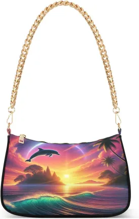 Dolphin Island Sunset Purple Shoulder Bag Tote Handbag Clutch Purse Chain Small Purses for Women with Zipper Closure Gift