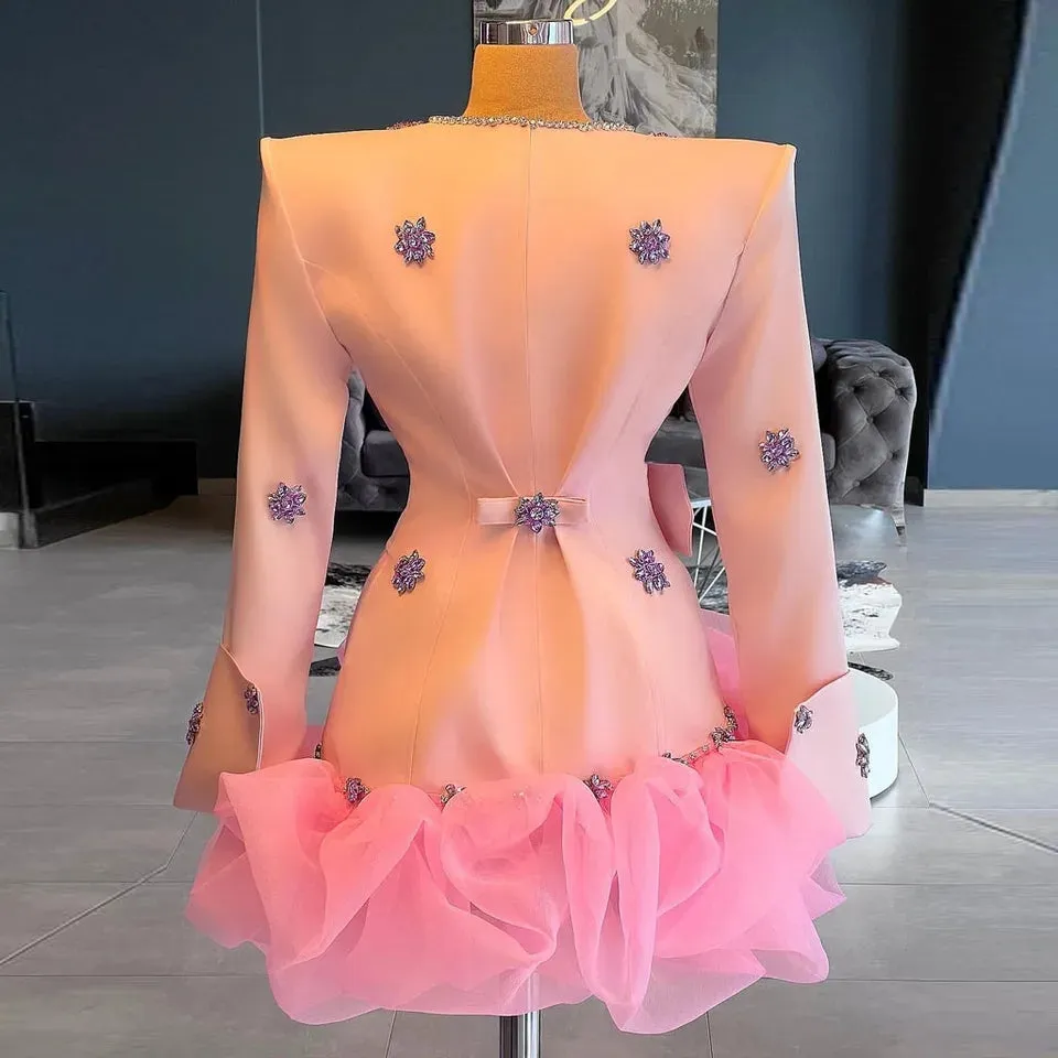 Elegant V-Neck Mini Cocktail Dress with Crystals and Flowers