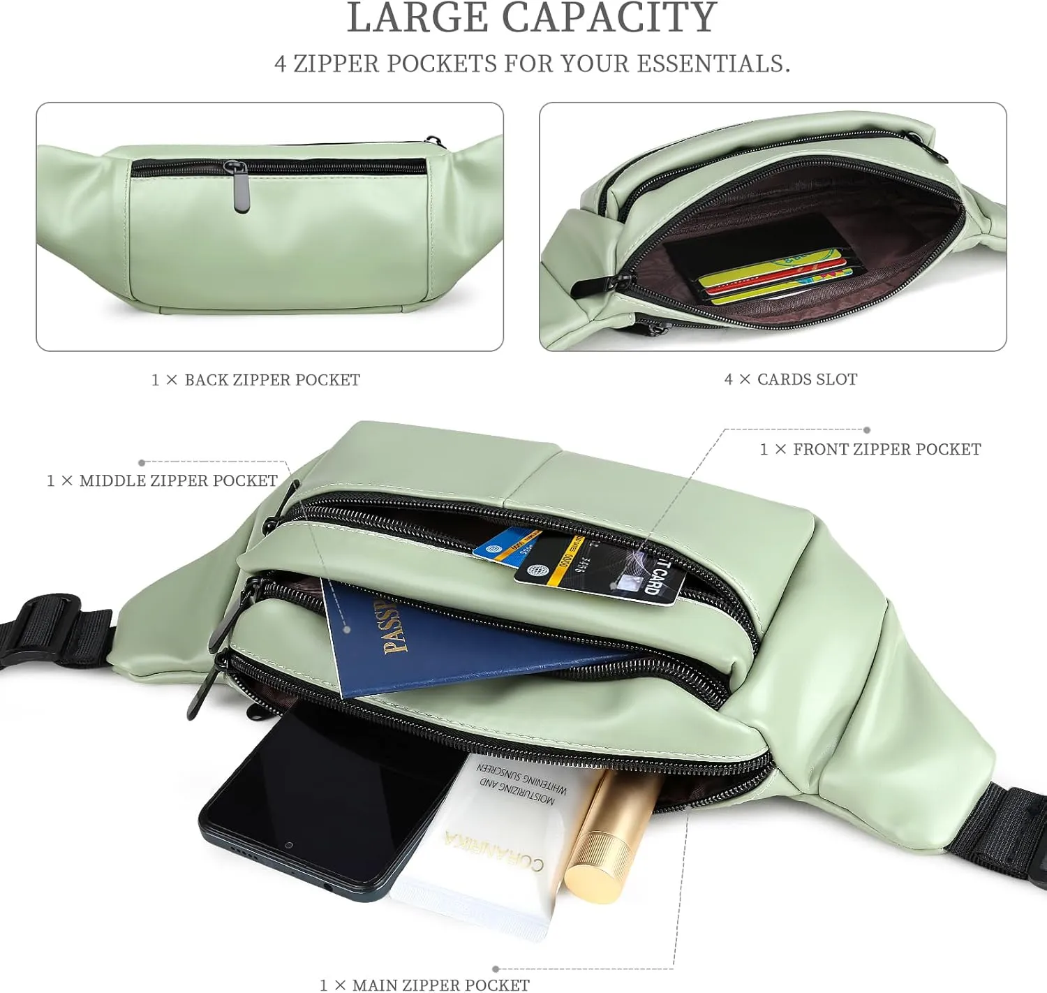 Fanny Packs for Women Plus Size, PU Leather Fanny Pack Running Belt Bag for Women with Card Slots, Black Waist Bags Crossbody Waist Pack Hip Bum Bag for Travel Workout Hiking Disney Beige Brown Green