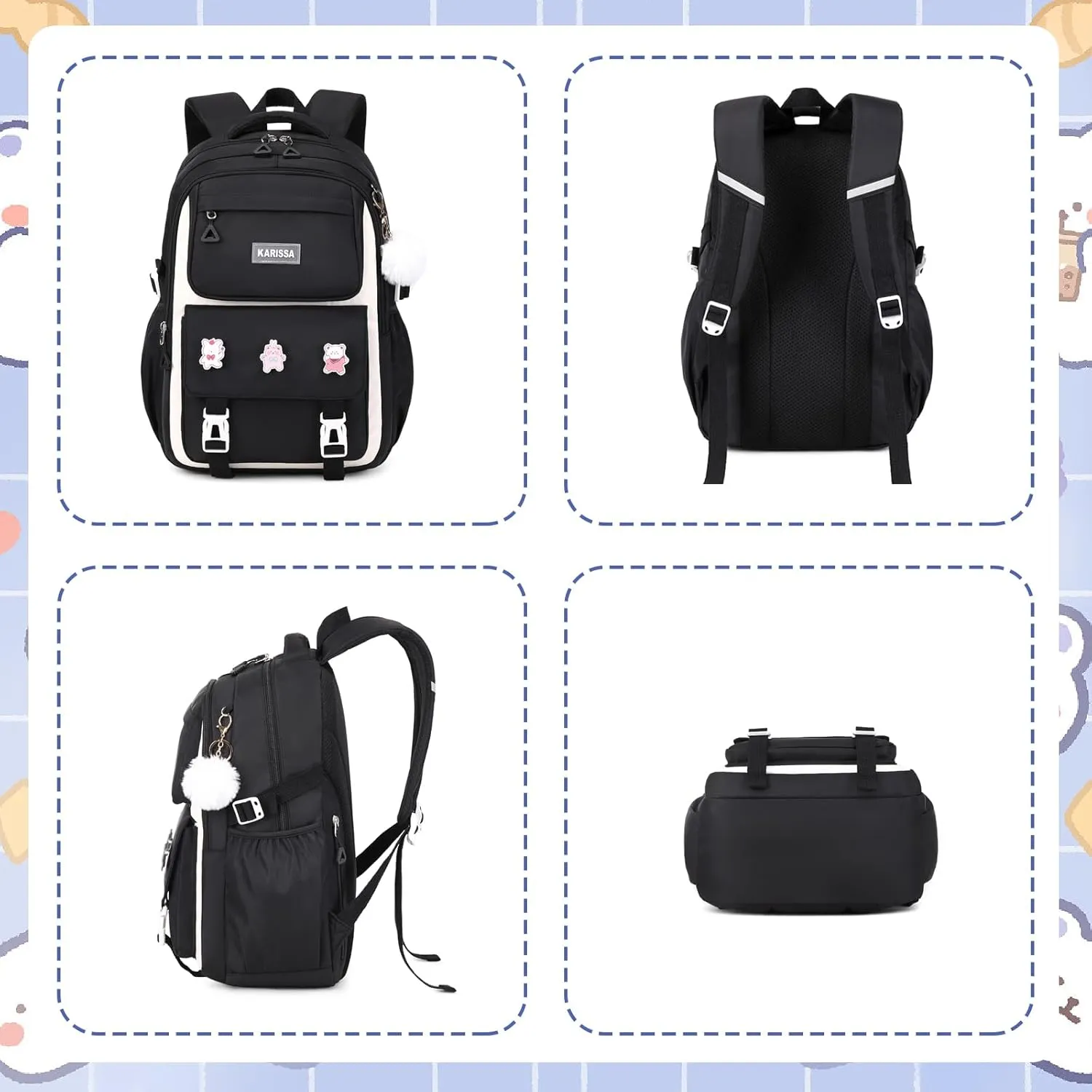Girls Backpack, 3pcs Sets Kids Backpack for Girls with Anti-theft Back Pocket, Lightweight School Backpacks Water Resistant Lunch Bag with Pencil case for Elementary Primary School, Black