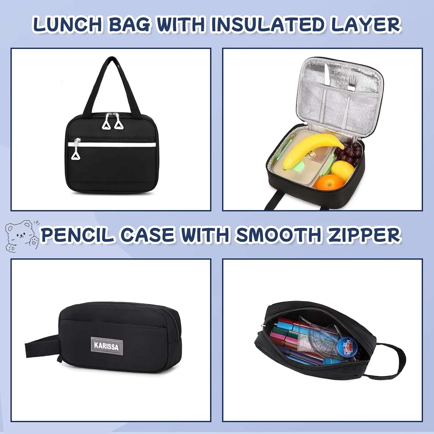 Girls Backpack, 3pcs Sets Kids Backpack for Girls with Anti-theft Back Pocket, Lightweight School Backpacks Water Resistant Lunch Bag with Pencil case for Elementary Primary School, Black
