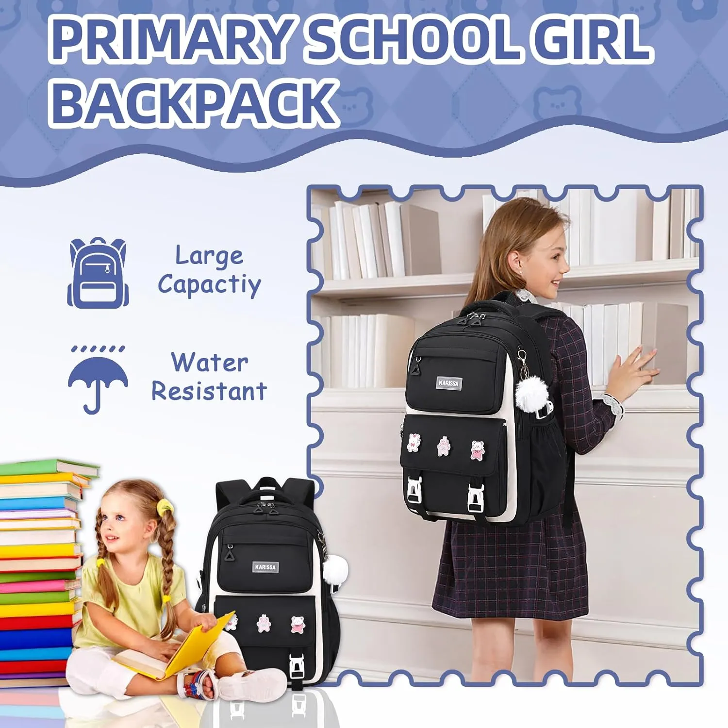 Girls Backpack, 3pcs Sets Kids Backpack for Girls with Anti-theft Back Pocket, Lightweight School Backpacks Water Resistant Lunch Bag with Pencil case for Elementary Primary School, Black
