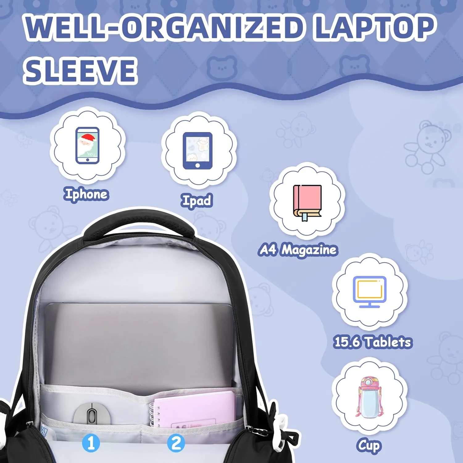Girls Backpack, 3pcs Sets Kids Backpack for Girls with Anti-theft Back Pocket, Lightweight School Backpacks Water Resistant Lunch Bag with Pencil case for Elementary Primary School, Black