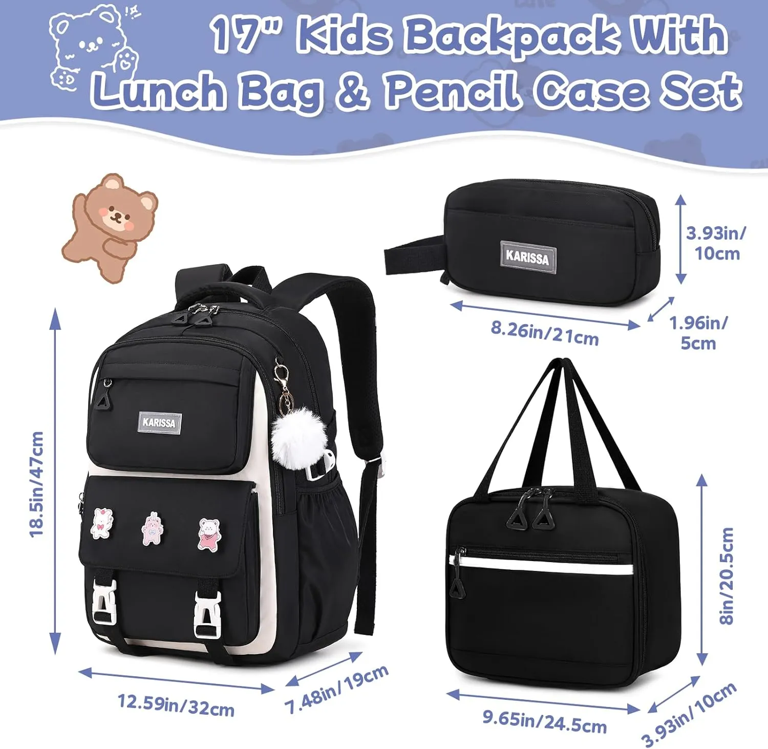 Girls Backpack, 3pcs Sets Kids Backpack for Girls with Anti-theft Back Pocket, Lightweight School Backpacks Water Resistant Lunch Bag with Pencil case for Elementary Primary School, Black