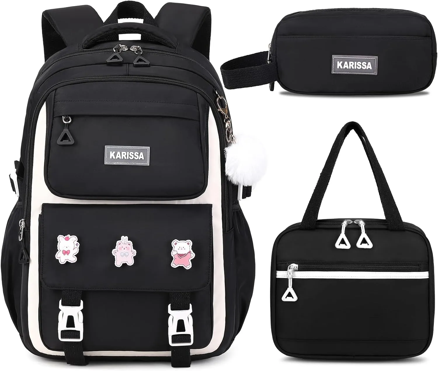 Girls Backpack, 3pcs Sets Kids Backpack for Girls with Anti-theft Back Pocket, Lightweight School Backpacks Water Resistant Lunch Bag with Pencil case for Elementary Primary School, Black