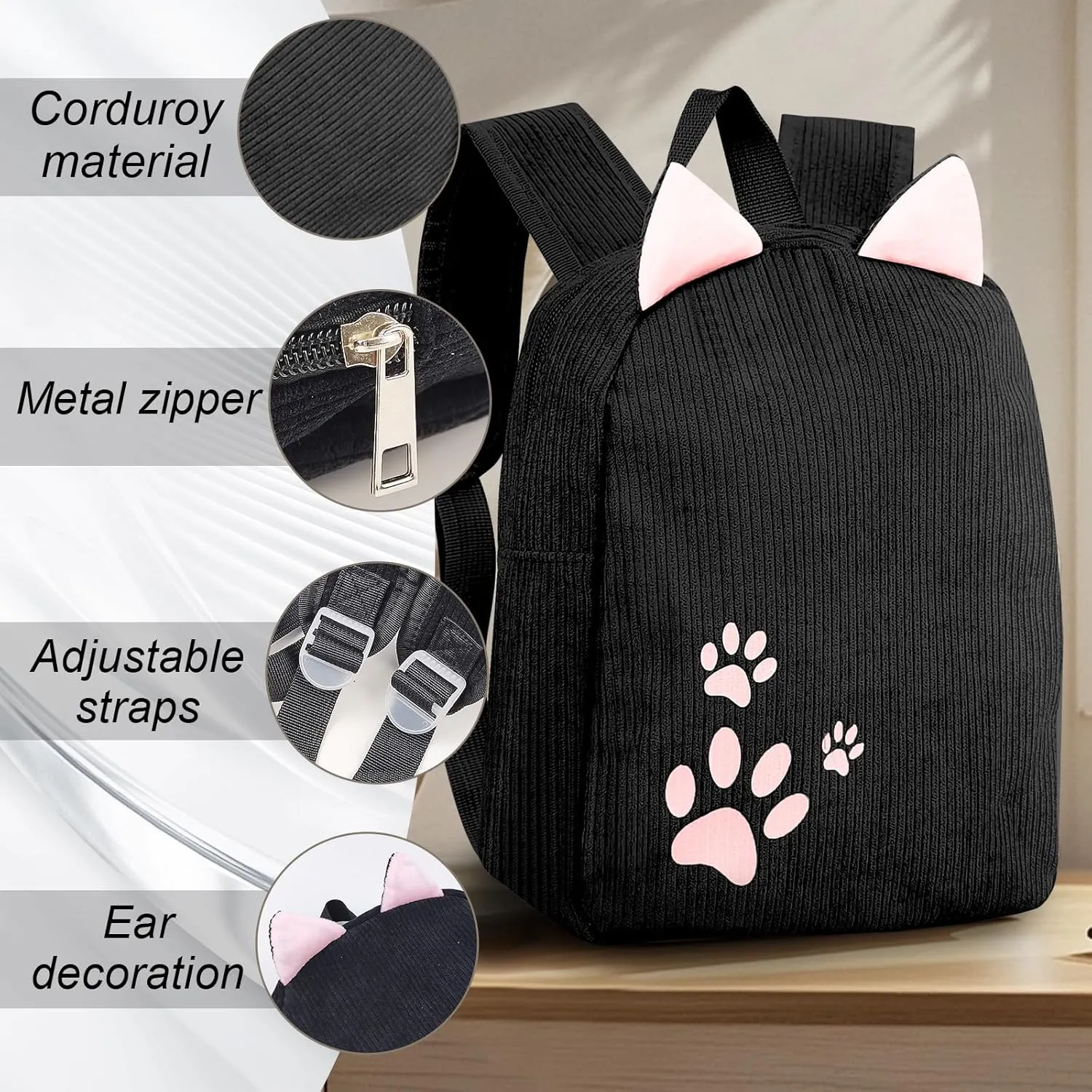 Girls Backpack, Corduroy Cute Small Backpacks for Girls and Women, Delicate Girls Backpack Purse for Travel (black)