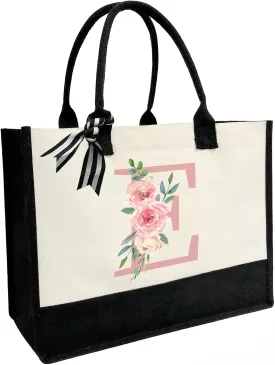 Initial Canvas Beach Tote Bag with Printed letter,Personalized Gifts for Women,Mom,Friends,Teachers and Bridesmaids