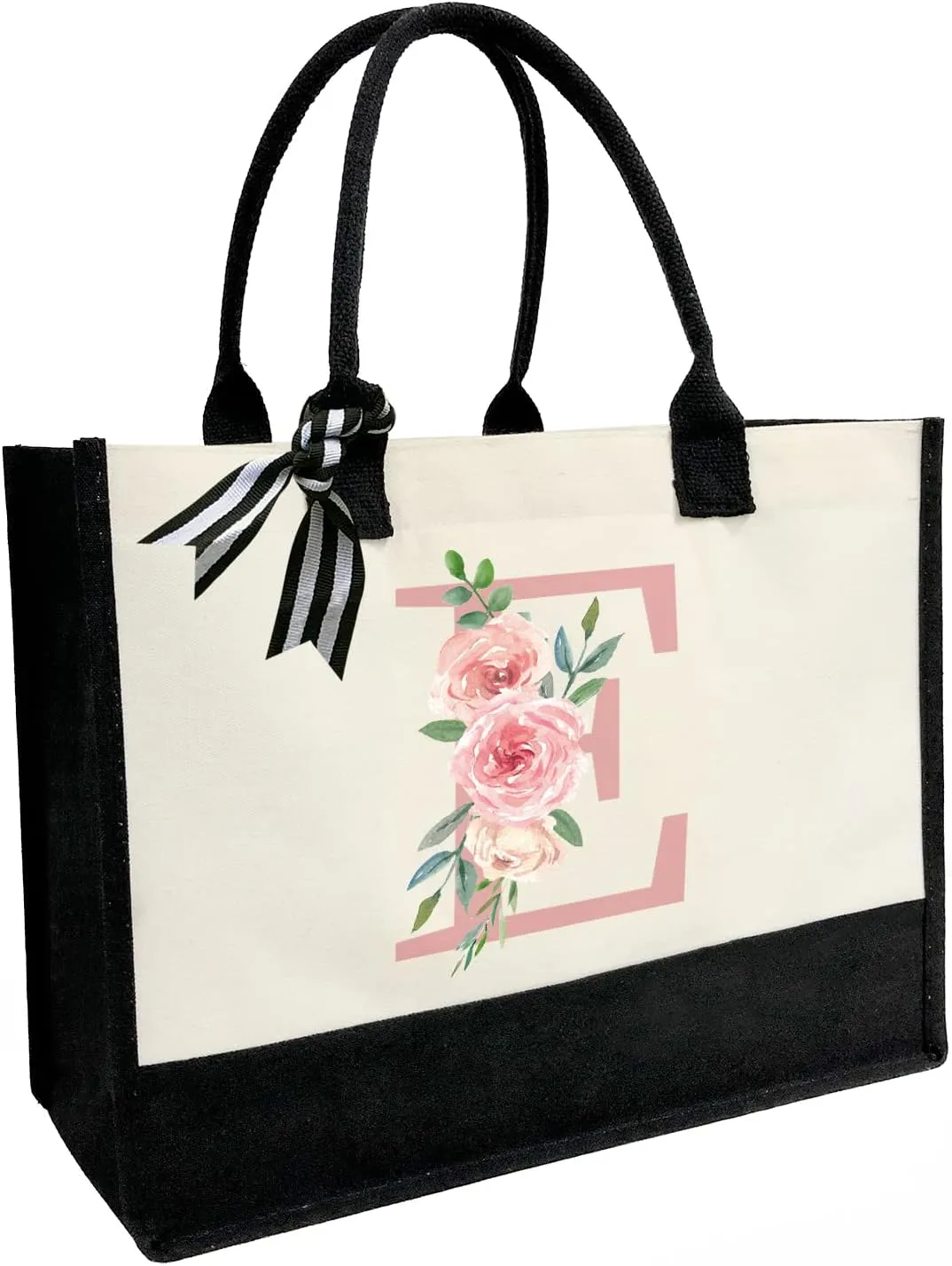 Initial Canvas Beach Tote Bag with Printed letter,Personalized Gifts for Women,Mom,Friends,Teachers and Bridesmaids