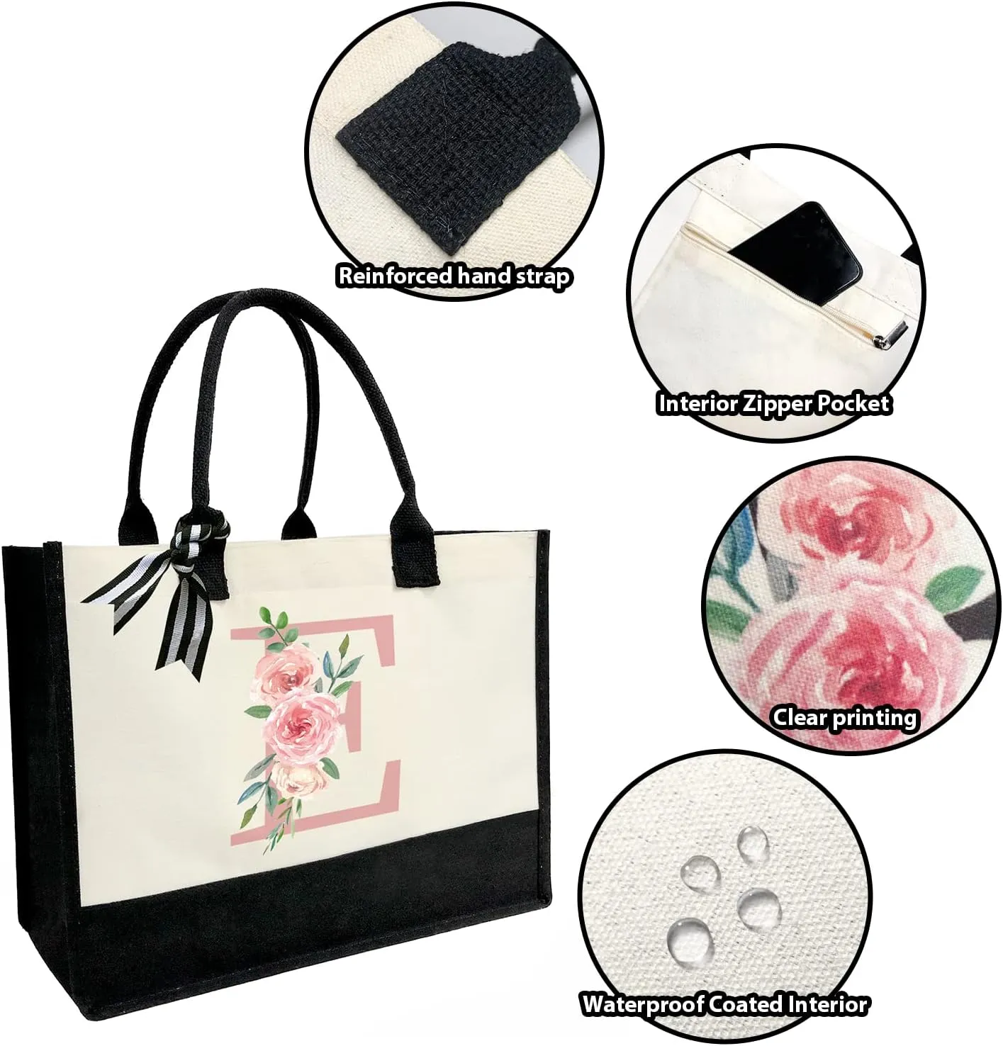 Initial Canvas Beach Tote Bag with Printed letter,Personalized Gifts for Women,Mom,Friends,Teachers and Bridesmaids