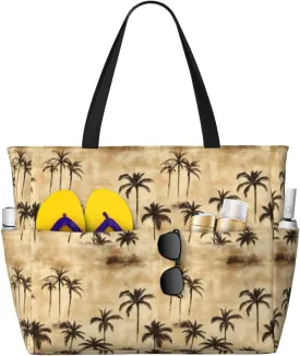 Large Beach Bags for Women Sandproof - Retro Coconut Tree Print Summer Travel Work Tote Bags with Zipper