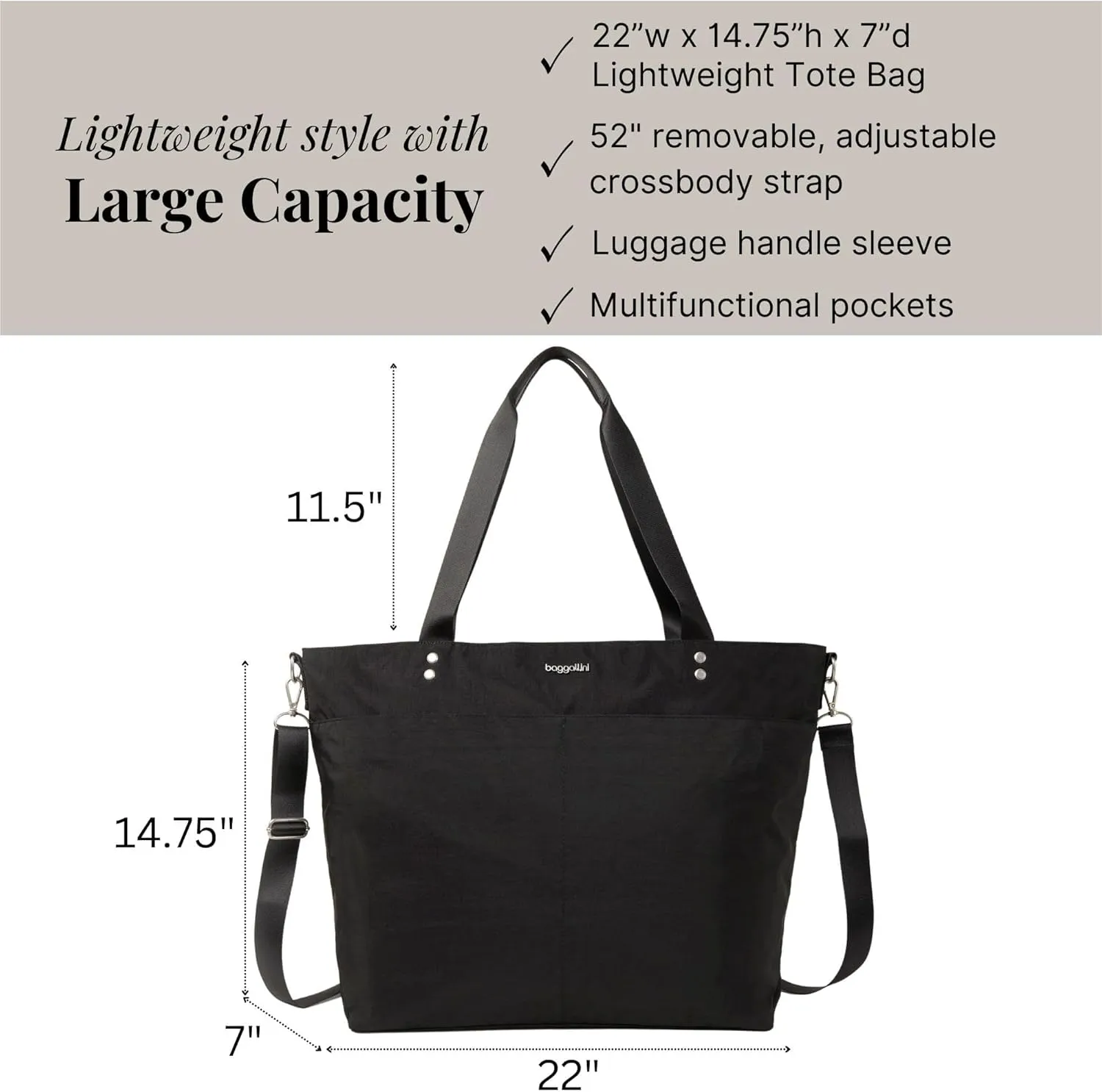 Large Carryall Tote Bag for Women - Lightweight Nylon Zipper Top Weekender Travel Beach Bag Personal Item w/Luggage Sleeve